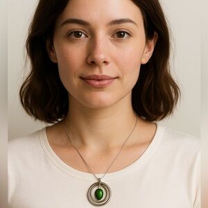 Modern Silver-Tone Necklace w/ Green Glass Stone Pendant